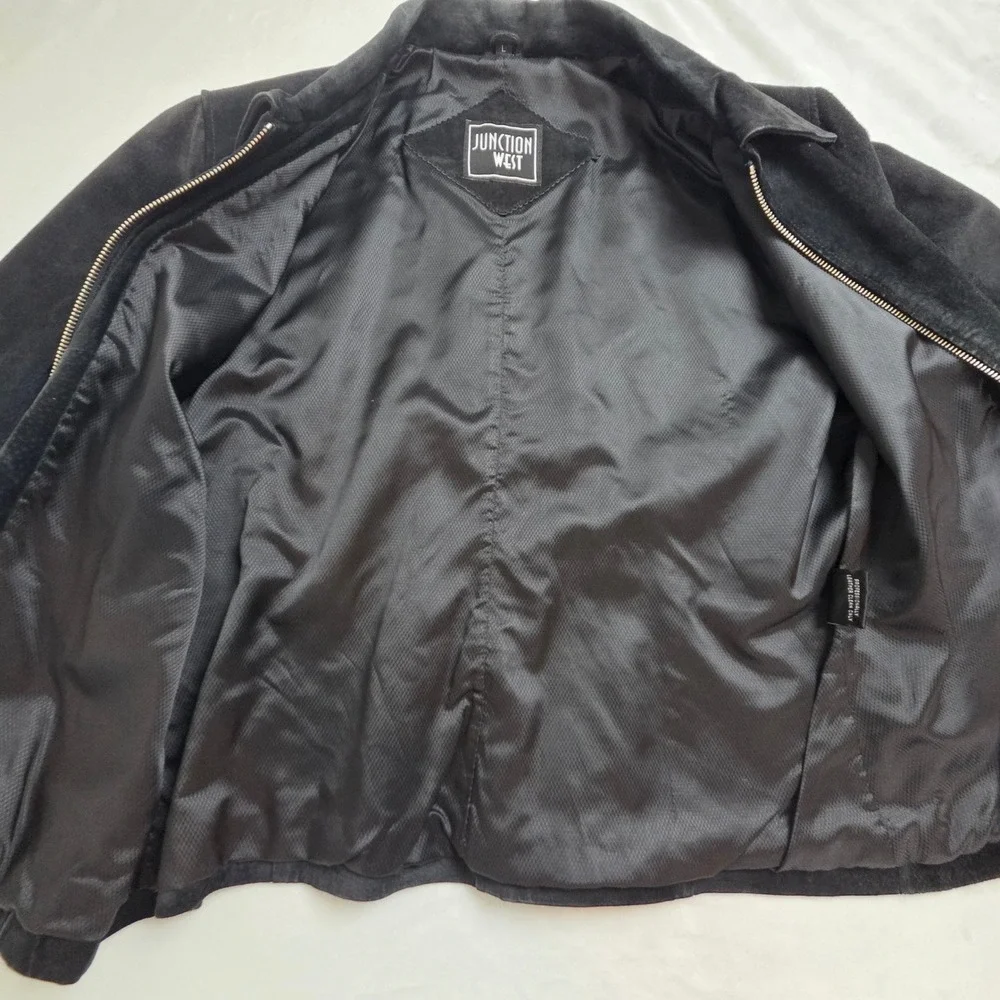Junction West Women Black Suede Leather Jacket‎ Full Zip Minimalist Size L